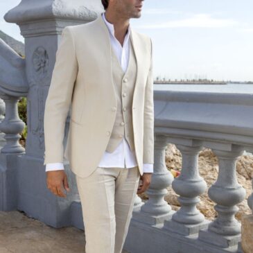 Traje de lino ibicenco cuello smoking beig