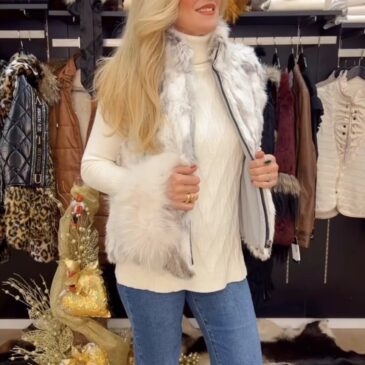 Chaleco de piel de conejo con cremallera blanco y gris