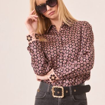 Camisa de viscosa con estampado geométrico flor y puños bordados