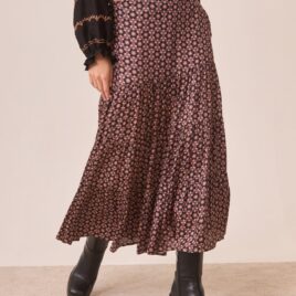 Falda larga Viscosa con estampado geométrico, flor y cinturilla bordada