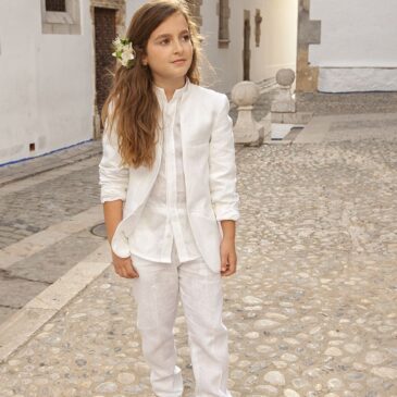 Conjunto de  traje 4 piezas de lino con cuello Mao blanco Manuel Pardo