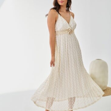 Vestido largo bolsa flor crudo