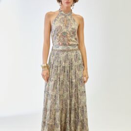 Falda Paisley volantes bordados cintura violeta