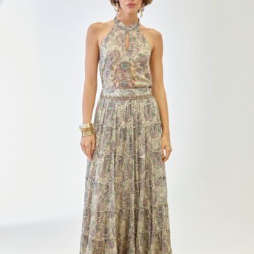 Falda Paisley volantes bordados cintura violeta